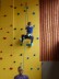 Ein Junge klettert gesichert die Kletterwand in der Turnhalle hinauf.